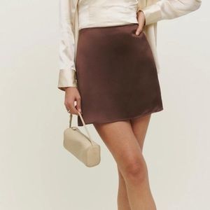 Reformation Benson Silk Mini Skirt in 'Café'